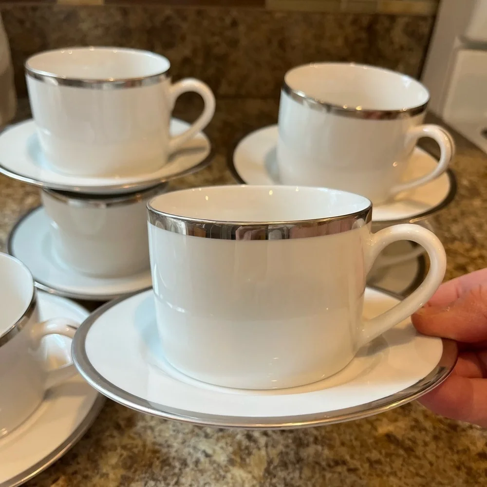 Pier 1 Monno Bangladesh Elegant White and Silver Tea Cups and Saucers Set of 6